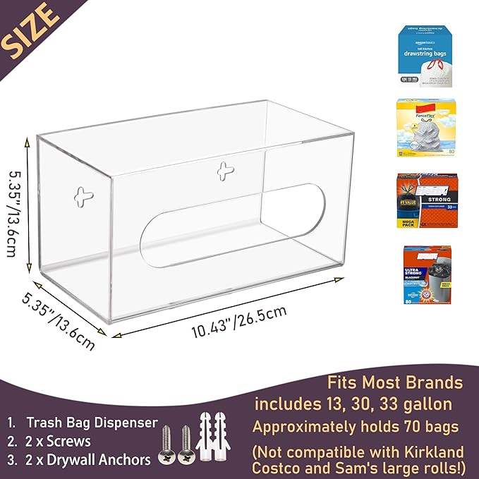 Trash Bag Dispenser Roll Holder - Wall Mount and Under Sink, Clear Acrylic Cabinet Kitchen Organizer Storage Box for Garbage and Shopping Bags