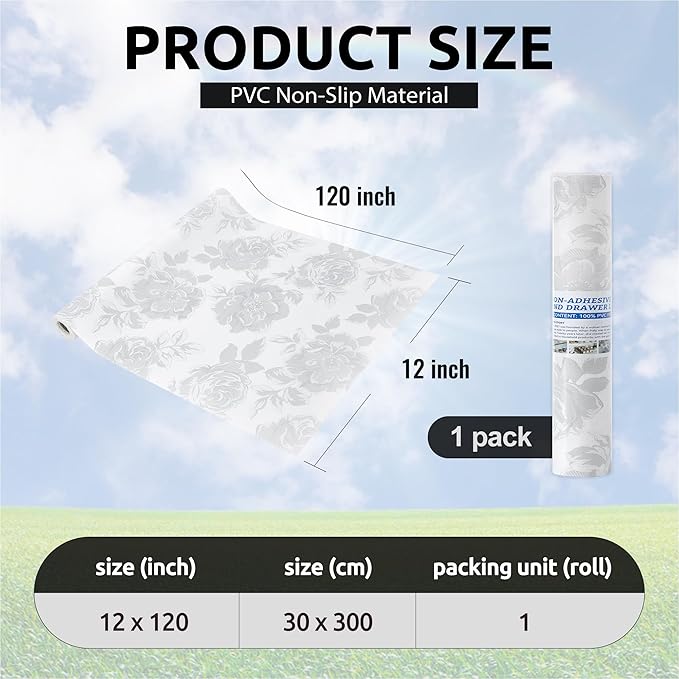 12X120 Inch Shelf Liner for Kitchen Cabinets, PVC Drawer Liner for Dresser Non-Slip Bathroom, Non-Adhesive Cabinet Liner Washable (White Flower)(1 Roll)