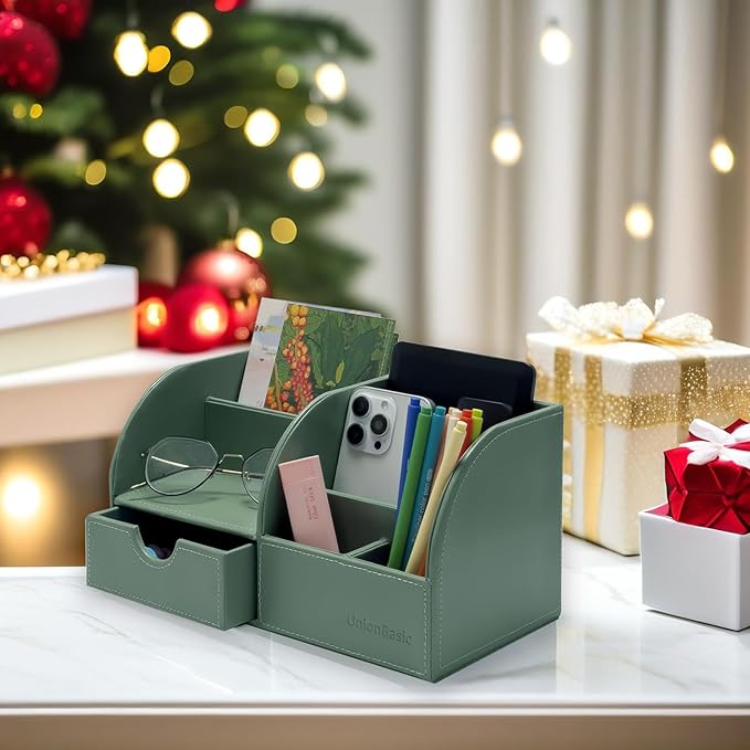 UnionBasic Desk Organizer, Multi-functional Leather Desktop Office Organizer, Pen Holder - Business Card/Pen/Pencil/Mobile Phone/Stationery Holder Storage Box, Malachite Green