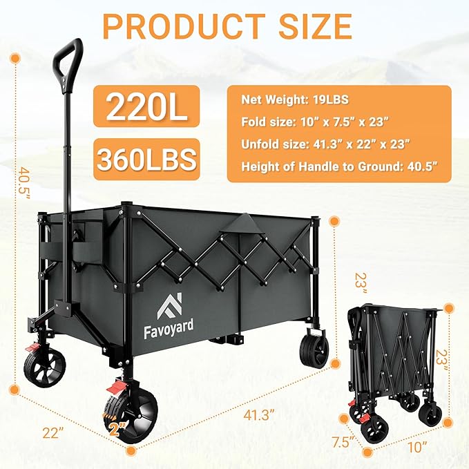 Favoyard Extra Large Collapsible Wagon Carts Foldable 360LBS Heavy Duty Beach Wagons with Big Wheels & Brakes Portable Folding Cart for Shopping Grocery Utility Sports Garden Camping Outdoor, Gray