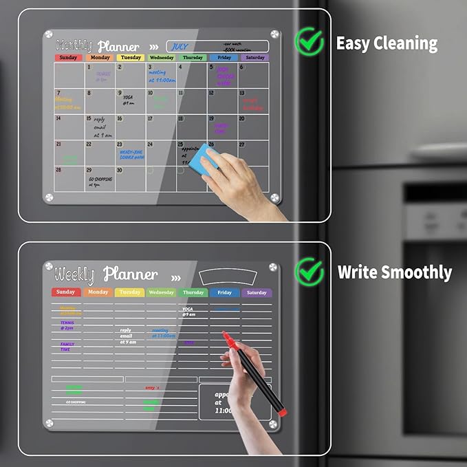 Hivillexun 3-Pack Acrylic Magnetic Dry Erase Calendar Whiteboard Set – Organize Your Refrigerator, Wall, or Fridge with Monthly, Weekly, and Daily Planners, Includes 8 Markers, Large Eraser, and Cloth