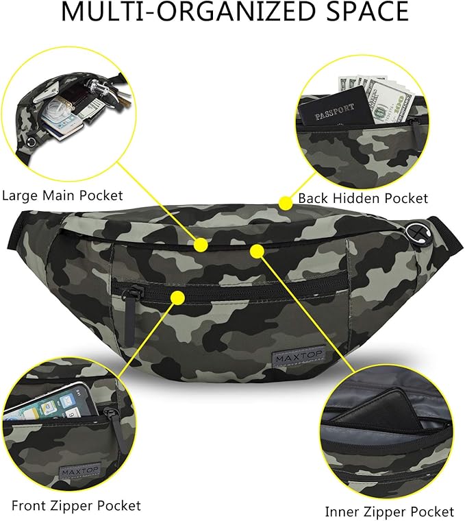 MAXTOP Large Crossbody Fanny Pack with 4-Zipper Pockets, Gifts for Enjoy Sports Festival Workout Traveling Running Casual Hands-Free Wallets Waist Pack Phone Bag Carrying All Phones