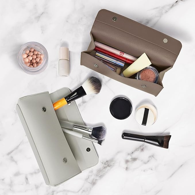 carrotez Stylish PU Leather Makeup Bag: Versatile Travel Toiletry Bag & Cosmetic Pouch, Small Makeup Organizer for Purse Essentials, Ideal Makeup Brush Holder & Sunglasses Case for Women - Cocoa Brown