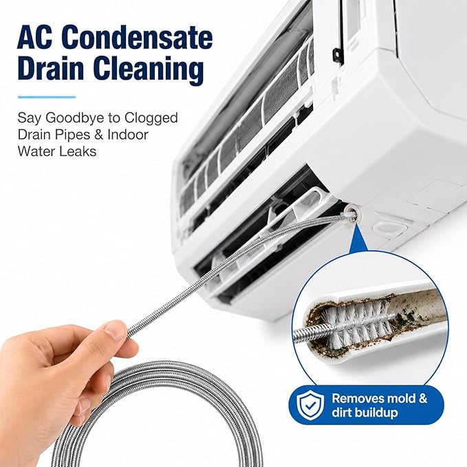 7.26 ft (2 .2m) Flexible Drain Cleaning Brush – 2-Pack, Stainless Coil for Car, Fridge, Sinks, Pipes, Hoses, Hair & Grease Clogs