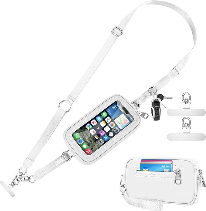 Clip and Go Strap for Phone with Wallet Crossbody, Detachable Wristlet Strap Pocket with Zipper Phone Screen ID Window, 2 Pcs Metal Tether Patches Compatibe with iPhone and Most Smartphones White