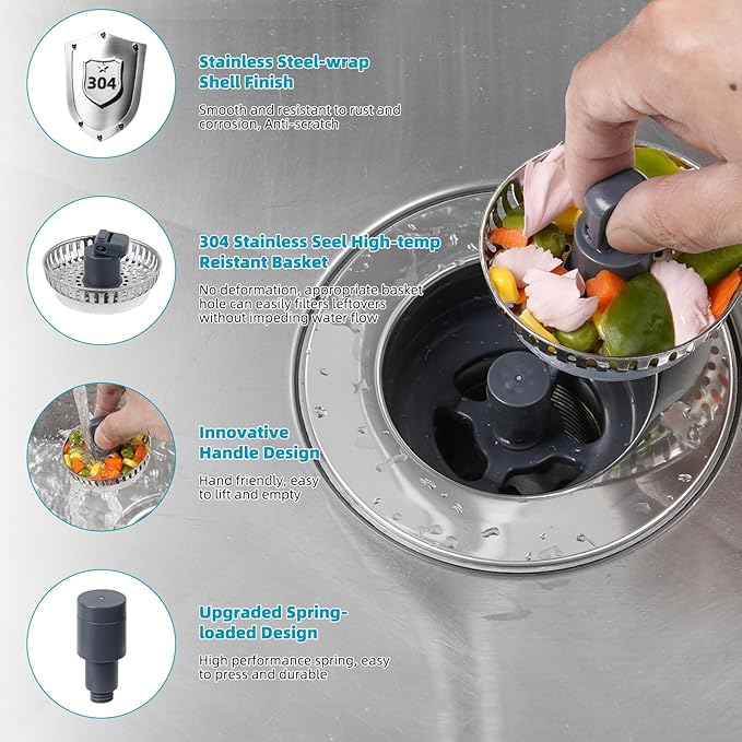 Hibbent 3 in 1 Kitchen Sink Drain Strainer, Stainless Steel Wrapped Shell Drain Stopper Combo, Pop Up Sink Stopper, 3 SUS304 Anti-Clogging Basket Strainer with Handle for US Standard 3-1/2" Drain