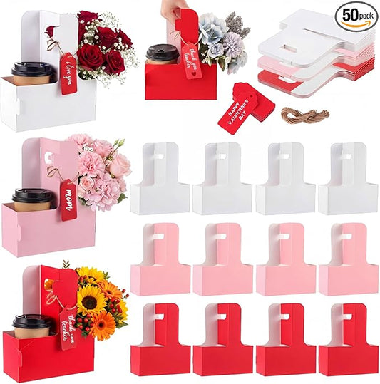 MotiMind 50 Pack Mother's Day 2 Cup Drink Carrier with Handle, Kraft Paperboard Teacher Cup Holder Portable for Hot Cold Drinks, Coffee Carrier Gift with Heart Card Rope (White,Pink)