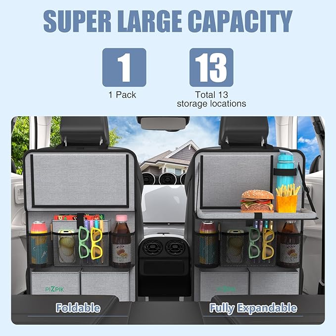 Car Backseat Organizer with Tablet Holder, 11 Storage Pockets with Foldable Food Tray, Protector Kick Mats for Kids, Travel Accessories Organizer (Gray, 1 Pack with Food Tray)