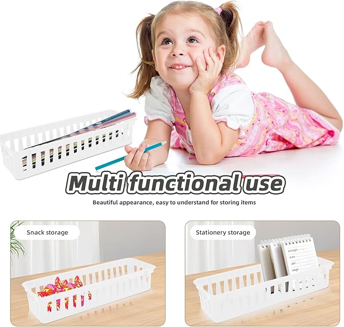 12 Pack White Slim Plastic Storage Baskets, Small Stackable Drawer Organizer Trays for Classroom, Desk, Vanity, Bedroom, Bathroom, Kitchen and Garage