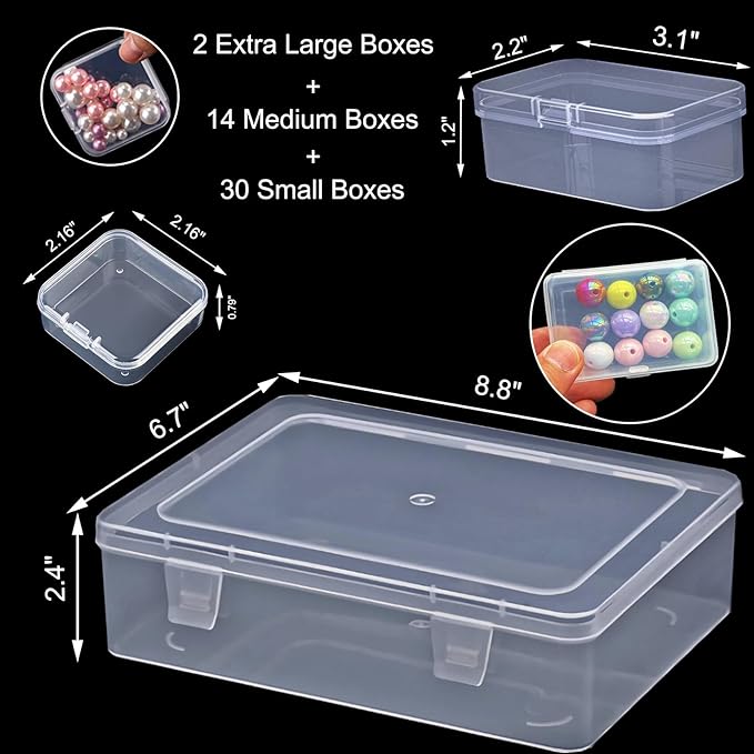 46Pcs Bead Organizer Set, Premium Small and Medium Clear Plastic Storage Boxes for Jewelry Making Crafts Screws Seeds DIY Bracelets Diamond Small Parts, Stackable Containers with Hinged Lid and Labels