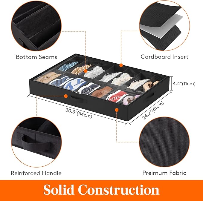 Lifewit Under Bed Shoe Storage Organizer 2 Pack (14 Pairs), 4.3" Tall Fabric Shoes Container Box, Foldable Closet Shoe Bag with 2 Reinforced Handles and Clear Cover, Black