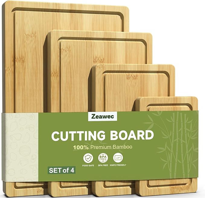 4-Piece Set Bamboo Cutting Board for Kitchen - Crack-Resistant Wood Chopping Boards with Deep Juice Grooves, Pre-Oiled Butcher Block for Meat, Vegetables & Cheese, Natural