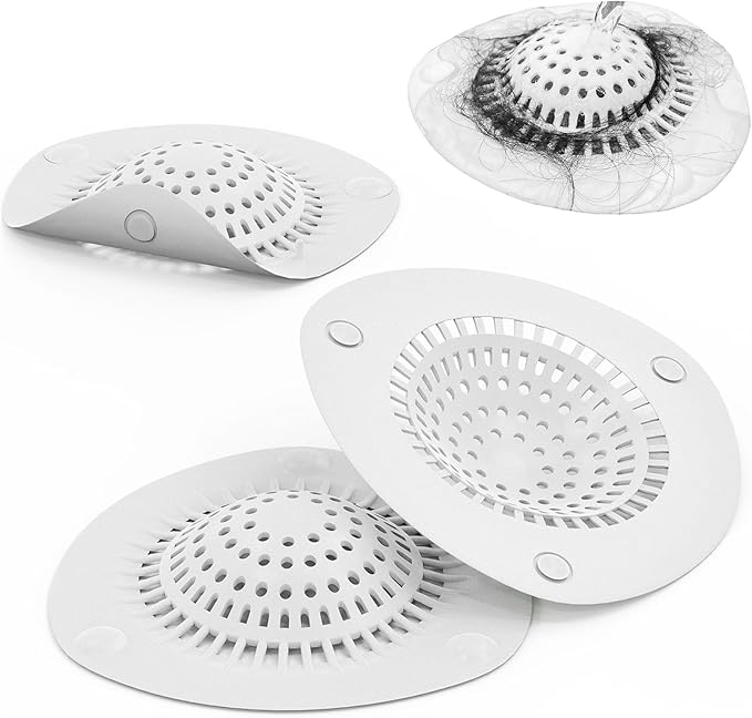 WODETIM Hair Catcher Shower Drain Cover Bathtub Silicone Hair Catcher Stopper Drain Strainers,Home Protectors with Sucker Water Trap Sink Cover for Kitchen Sink Bathroom Tub 3 Pack (White)