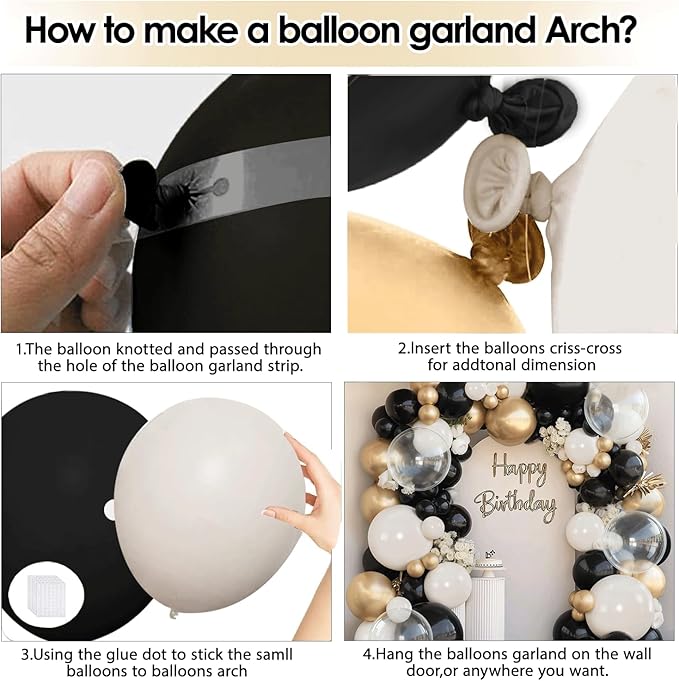 Black and White Sand Balloons Arch Kit, 128pcs Matte Black White Cream Balloons Garland Kit with Chrome Gold Clear Balloons for Birthday Party Graduation Wedding New Year Eve Decorations