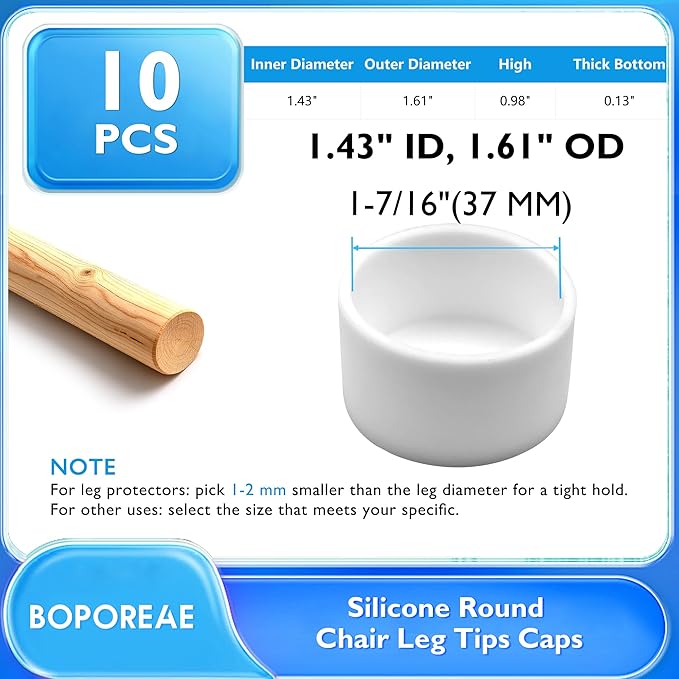 BOPOREAE 10 Pcs 1-7/16"(37 mm) Round Chair Leg Tips Caps, Silicone Rubber Furniture Leg Floor Protectors, Reduce Noise Folding Metal Chair Leg Cap Replacement for Bar Stool Leg Patio Indoor, White
