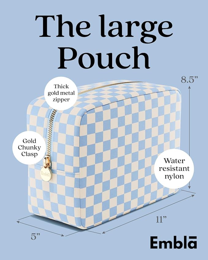Embla Makeup Bag Travel Cosmetics Pouch and Toiletry Bag, Nylon Zipper Pouch Purse, Cute Make Up Organizer Storage Tote for Women Girls,Travel Skincare Case, Large Makeup Case, Sky Checkered