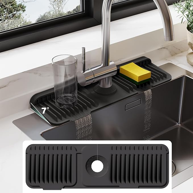 17.7 Inch Silicone Faucet Mat for Kitchen Sink Splash Guard - 7° Slope Water Draining Mat with Fasten Button for Bathroom Area (Black, 17.7''x5.5'')