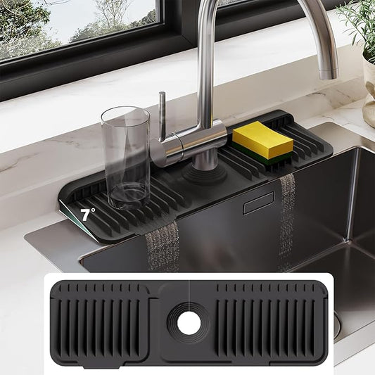 17.7 Inch Silicone Faucet Mat for Kitchen Sink Splash Guard - 7° Slope Water Draining Mat with Fasten Button for Bathroom Area (Black, 17.7''x5.5'')