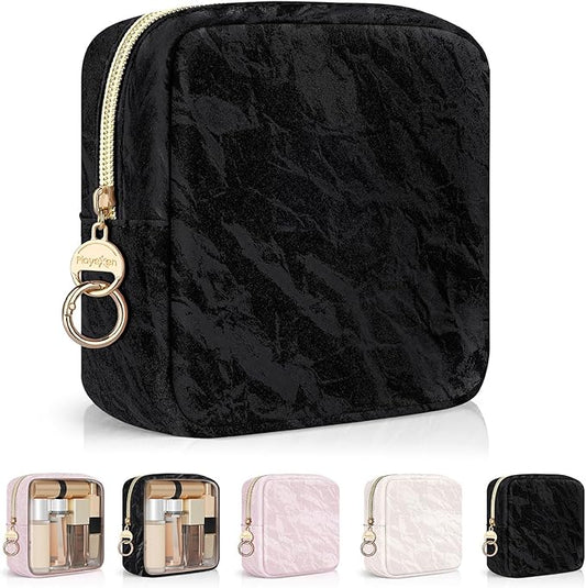 5.5" Small Makeup Bag for Purse, PU Leather Mini Cosmetics Bag with Ring Buckle, Portable Small Travel Makeup Pouch for Women, Birthday/Wedding/Christmas Gifts (Marble, Black)