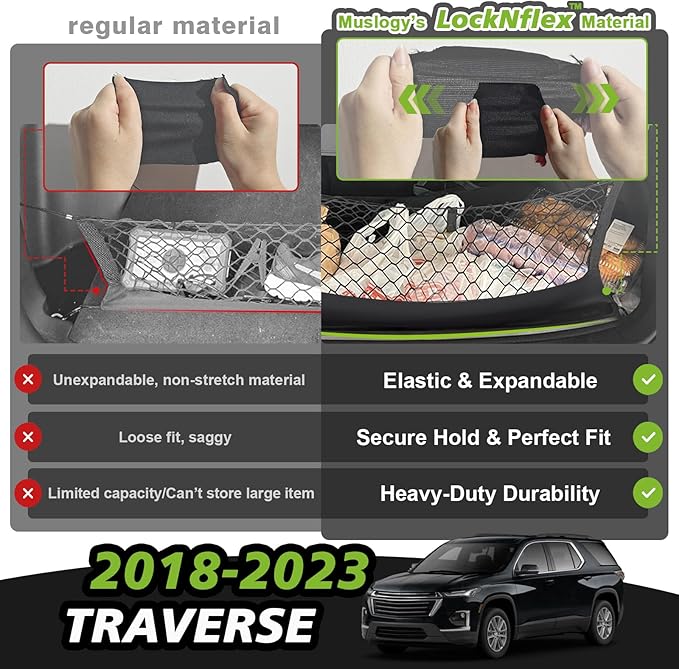 Muslogy Envelope Style Trunk Cargo Net Compatible with 2018-2023 Chevy Traverse Accessories Custom Fit Trunk Organizer Upgraded Mesh Storage Luggage Net with Metal Hooks