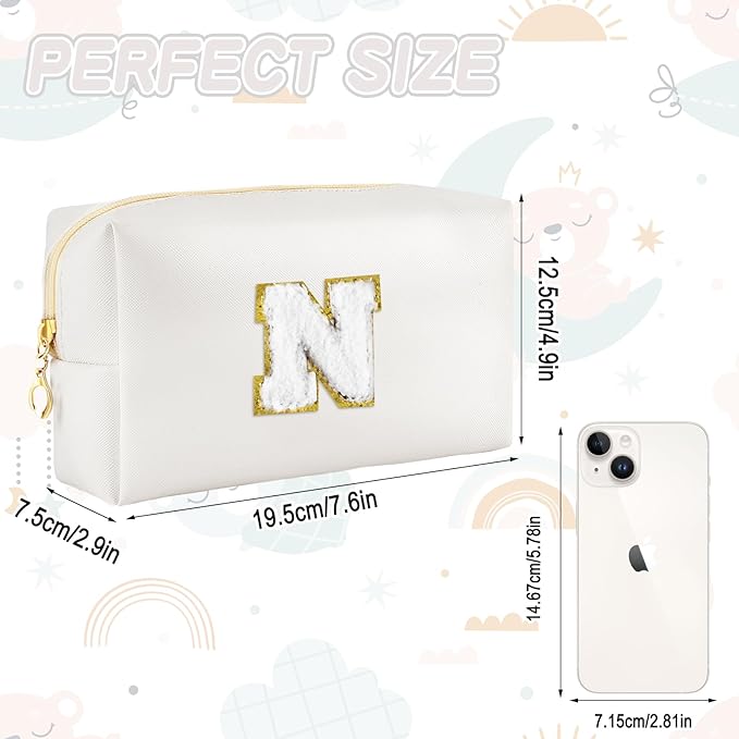 Gifts for Girls Initial Makeup Bag Personalized Cosmetic Bag with Zipper Cute Travel Toiletry Bags Waterproof PU Preppy Makeup Pouch Birthday Gift for Teen Girls Women(White N)