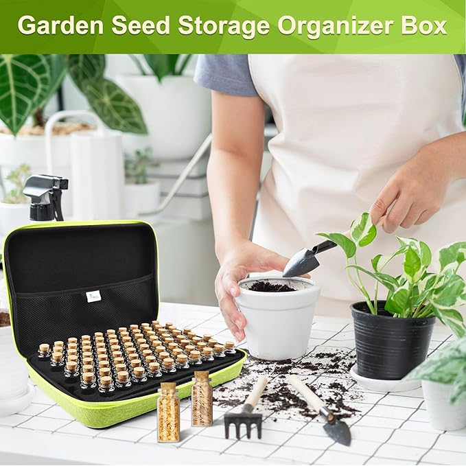 【80 Slots】 Seed Storage Organizer, Sturdy Organizer Box with Dual Zipper Bag and 84Pcs Label Stickers, Glass Seed Storage Container for Flower Vegetable Plants Garden Seeds Saving, Green