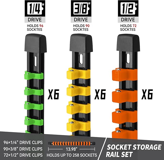 18-Piece Socket Organizer Set - 1/4-Inch x 96 Clips, 3/8-Inch x 90 Clips, 1/2-Inch x 72 Clips, Heavy Duty ABS Socket Holder, Premium Quality Socket Clip Rail Holder for Tool Box Drawer
