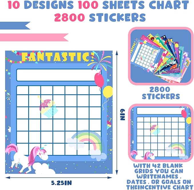 100 Pieces Sticker Charts for Kids Incentives Reward Chart for Kids Behavior in 10 Designs with 2800 Mini Star Stickers Dry Erase Chore for Classroom Teaching or Home Using