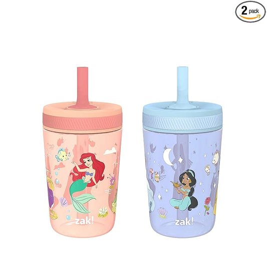 Zak Designs Disney Princess Kelso Toddler Cups For Travel or Home, 15oz 2-Pack Plastic Sippy Cups, Leak-Proof For Kids (Ariel, Aurora, Belle, Cinderella, Jasmine, Mulan, Rapunzel, Tiana)