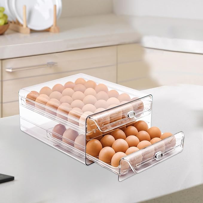 MFBJXC Egg Holder for Refrigerator, 60 Eggs Clear Drawer Organizer, 2-Layer Stackable Egg Holder Egg Trays, Egg Storage Container with Time Scale for Fridge Countertop Cabinet