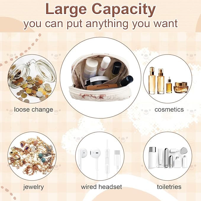 Small Quilted Cotton Makeup Bag for Purse Mini Cosmetic Period Bag for Women Cute Small Bear Makeup Sanitary Pouch Portable Travel Toiletry Bags with Zipper Christmas Birthday Gifts