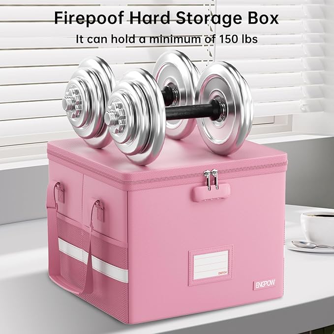 ENGPOW 5200°F File Box Fireproof Document Box with Lock, Heat Insulated Collapsible File Storage Organizer Box with Handle, Portable Home Office File Cabinet for Hanging Letter/Legal Size Folder, Pink