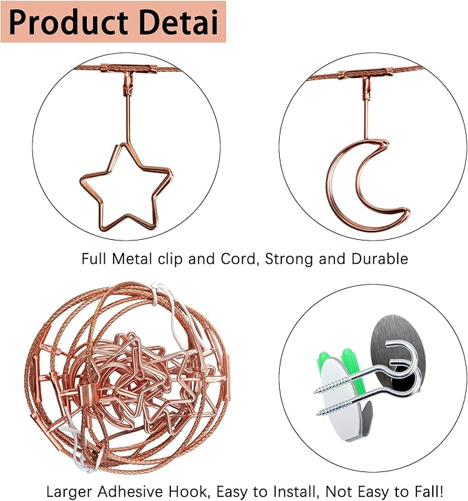 2 Pack Chain Photo Clip Wall-Mounted Picture Holder Metal Photo String with 12 Clips for Hanging Painting Family Photos Artworks Home Decor(Fixed) (Rose Gold-Star and Moon)