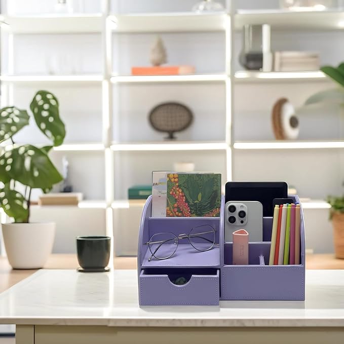 UnionBasic Desk Organizer - Multifunctional Leather Desktop Pen Holder Storage Box - Business Card/Pen/Pencil/Mobile Phone/Stationery Holder, Purple