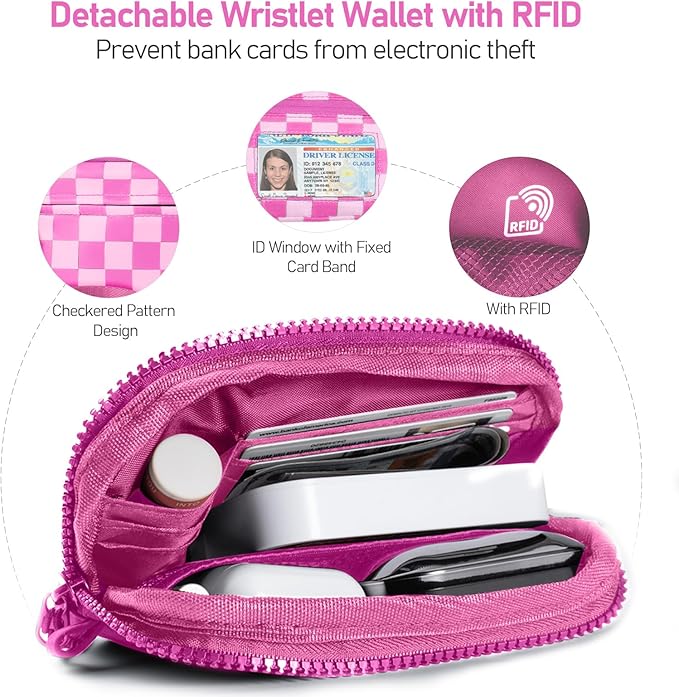 Clip and Go Strap for Phone with Wallet Crossbody Phone Lanyard and Detachable Checkered Bag with ID Window and RFID Pouch for Daily Travel.