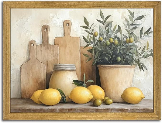 Wood Framed Vintage Kitchen Wall Art, Yellow Lemon Still Life Wall Decor Oil Paintings, Rustic Farmhouse Artwork Canvas Posters Prints Pictures for Living Room Bedroom Home Decor 12x16 Inch