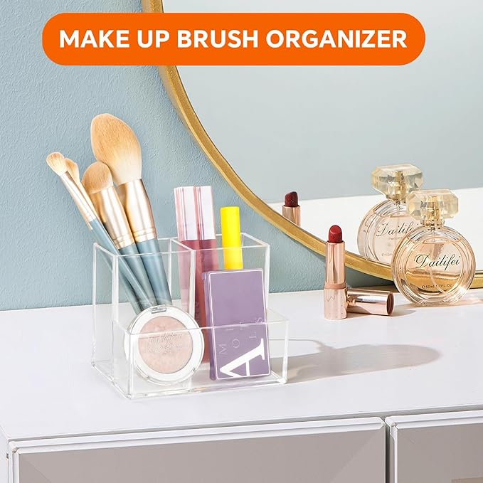 2 Packs Pen Holder for Desk, Clear Acrylic Pencil Holder for Desk, Marker Holder with 3 Compartments, Pencil Organizer for Home, Office, Classroom, Bathroom