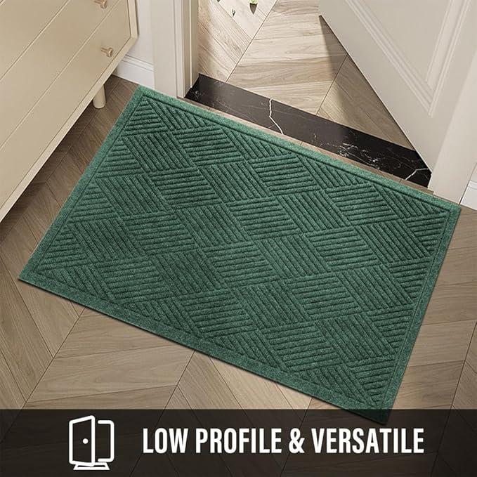 Sturdy Front Door Mat, Absorbent Muddy Dirt Resist Welcome Door Mats Outdoor Indoor, Stain and Fade Resistant, Non-Slip Rubber Backing Low Profile Doormat for Entryway, 36×24, Green