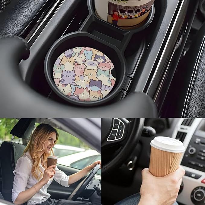 Car Cup Holder Coasters, 2 Pcs Ceramic Coasters with Cork Back and Finger Slot, Anti-Slip Shock Absorbing Women and Men Universal Car Accessories - Smiling Cat
