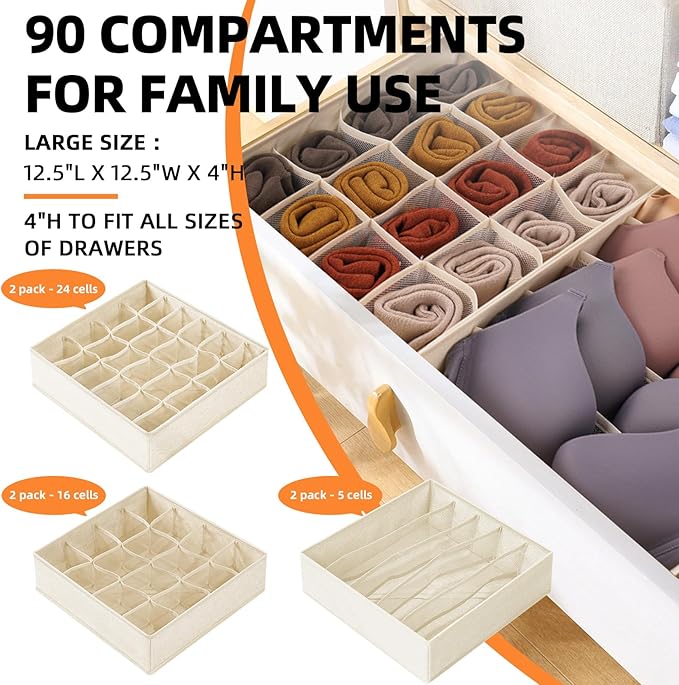 Criusia 6 Pcs Drawer Organizer Clothes - 90 Cells Closet Organizers and Storage for Baby Nursery - Washable Fabric Dresser Organizer Dividers for Sock Underwear Bra Dorm Room Essentials (Beige)