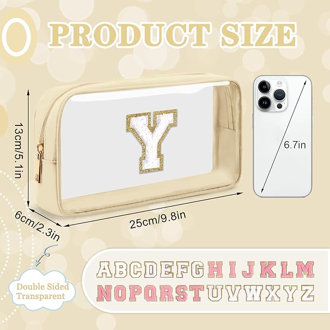 Small Clear Personalized Initial Makeup Bag, Preppy A-Z Chenille Letter Patch Cosmetic Bag, Cute Transparent Nylon Waterproof Zipper Beach Varsity Letter Pouch, Gift for Women Girls(Beige-White Y)