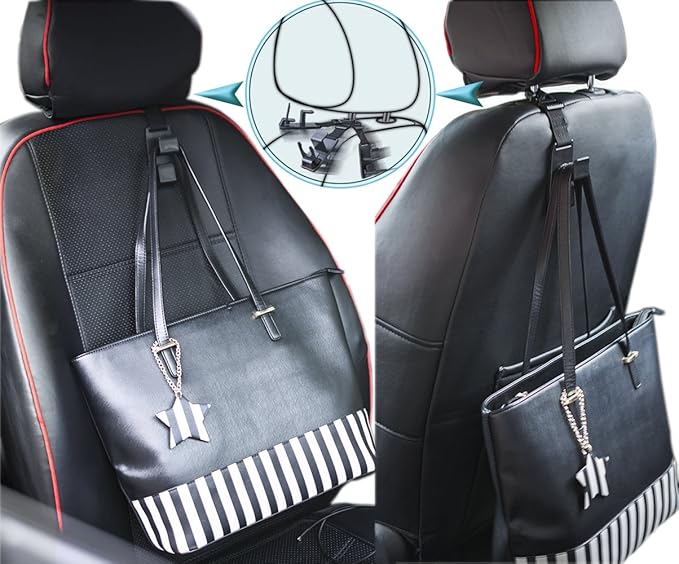 Adjustable Headrest Hooks for Car, Purse Hanger Headrest Hook Holder for Car Seat Organizer Hook for Purse or Grocery Bags,2 Pack, Black