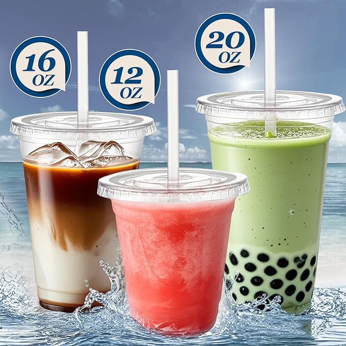 Charmount 100 Sets- 20 oz Clear Plastic Cups with Lids and Straws, Disposable To Go Cups for Cold Drinks, Coffee Bar Accessories, Iced Coffee, Smoothies