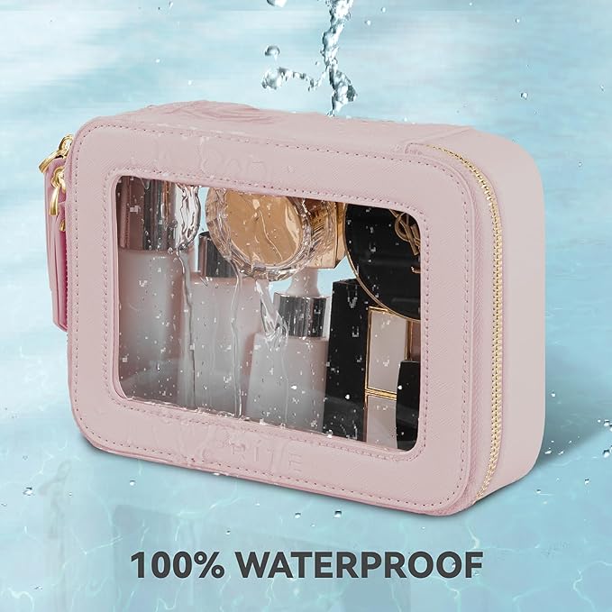 Prite Clear Makeup Bag Cosmetic Organizer Case Waterproof Travel Toiletry Bag Skincare Pouch with Golden Zipper (Pearlescent Pink)