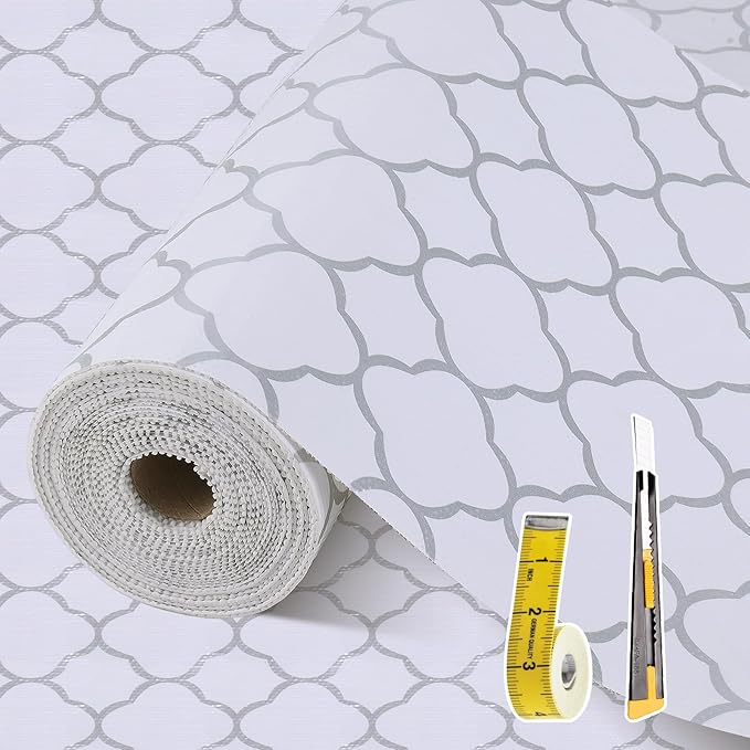 Shelf Liners for Kitchen Cabinets 12in x 30FT Non Adhesive Drawer Liner Silver Quatrefoil Shelf Liner Paper Strong Non-Slip Easy to Clean for Tool Box Refrigerator with Knife and Tape Measure