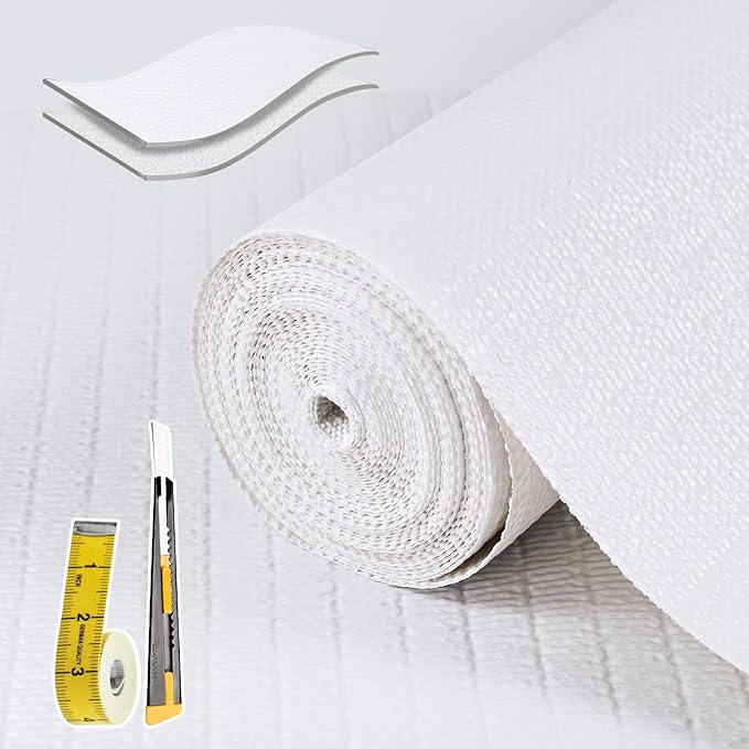 Shelf Liners for Kitchen Cabinets Non Adhesive Drawer Liner 17in x 30FT Pure White Thickened Shelf Liner Strong Non-Slip Easy to Clean for Tool Box Refrigerator with Knife and Tape Measure