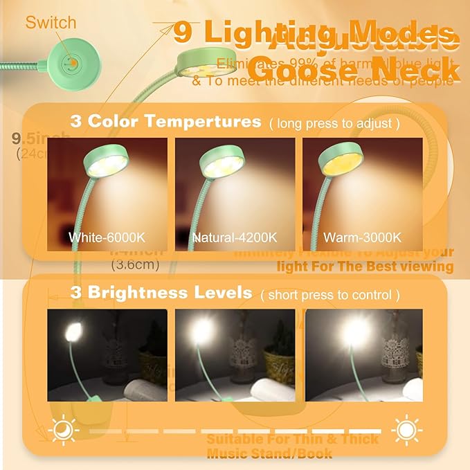 2 Packs Rechargeable Book Reading Light - Adjustable Brightness, 3 Color Temperatures, 30+ Hours Runtime - Eye Care 10 LED Lamp for Reading for Bed,Back to School Gift for Student-Green & Black