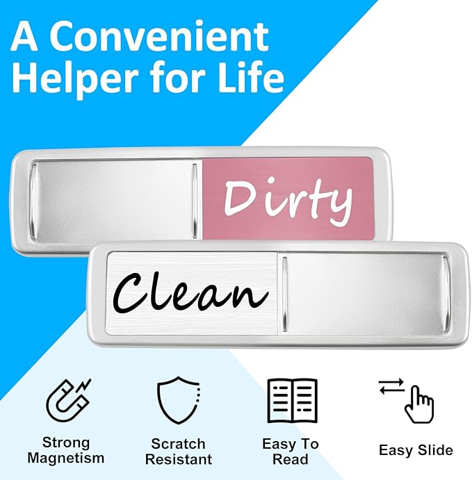 Dishwasher Magnet Clean Dirty Sign, Slide Strong Clean and Dirty Refrigerator Magnet Indicator for Dishwasher, Non-Scratch, Easy to Read, Self-Adhesive Stickers for Non-Magnetic Dishwasher（Pink White）
