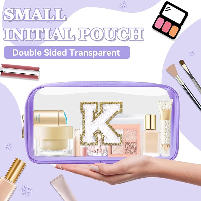 Small Clear Personalized Initial Makeup Bag,Nylon Preppy A-Z Chenille Letter Patch Cosmetic Pouch Beach Toiletry Bag,Waterproof Zip Travel Purse Storage Bag Organizer for Women Girls(Purple-White K)