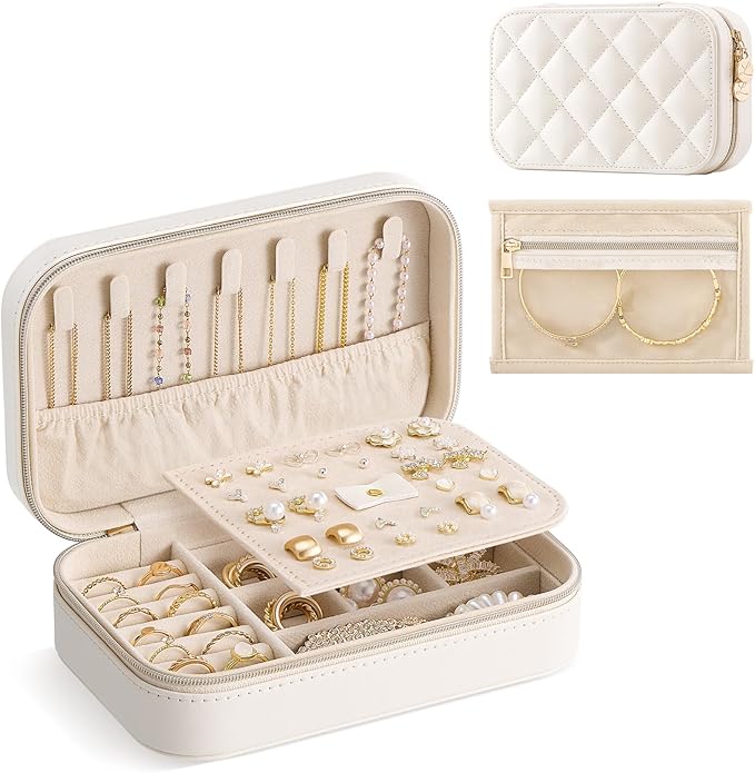 Lolalet Travel Jewelry Case for Women Girls, Travel Jewelry Organizer with Clear Storage Bag Small Portable Jewelry Box for Necklace Bracelet Earring Ring Valentines Bridesmaid Gifts -Medium/Beige